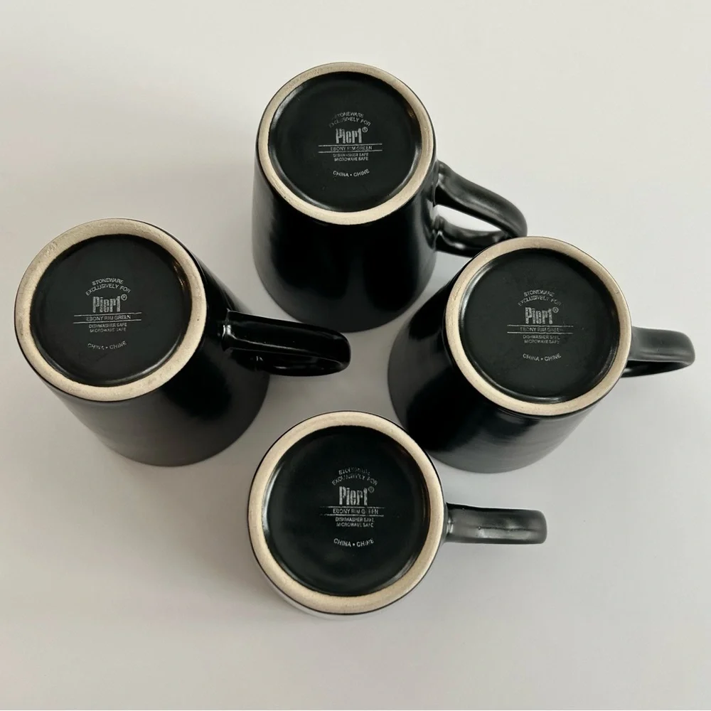 Pier 1 Ebony Rim Green Stoneware Coffee Mugs Set of 4 10 fl oz